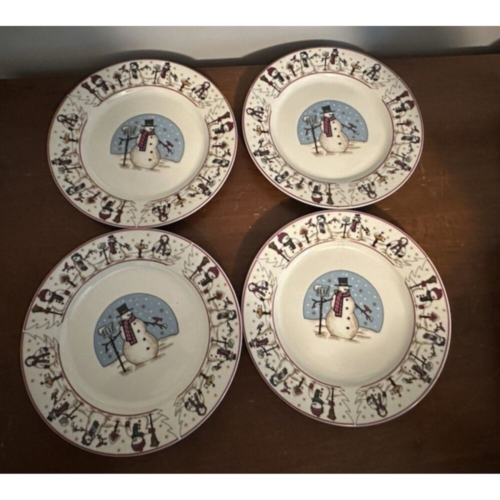 4 Meiawa Art SNOWMEN SERENADE II Salad Dessert Plates 7.5" Christmas Snowman